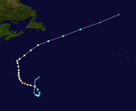 Map plotting the track and intensity of Hurricane Epsilon at 6-hour intervals, according to the Saffir–Simpson scale; the cyclone initially made a counterclockwise loop, before tracking westward, then northward and passing east of Bermuda, before accelerating northeastward. Refer to the adjacent text for further details on the storm track and intensity.