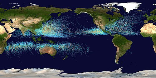 Tracks of all tropical cyclones, 1985 to 2005