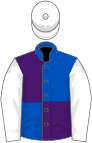 Royal blue and purple (quartered), white sleeves and cap