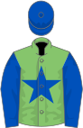 Light green, royal blue star, sleeves and cap