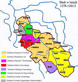 Silesia 1278 - 1281: The Duchy of Żagań soon after its creation (gray), west of the Duchy of Głogów (green)