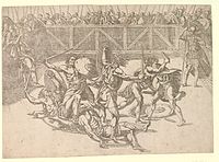 Gladiators fighting in an arena, with soldiers watching. c.1542/43 Etching after Giulio Romano's design for the ceiling of the Sala dei venti, Palazzo del Te, Mantua
