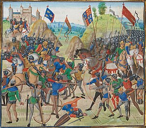 A colourful and stylised picture of a late-medieval battle