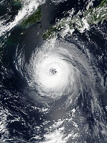 Typhoon Soulik over the Ryukyu Islands at peak intensity on August 21, 2018, displaying a large eye with annular characteristics.