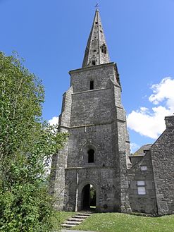 The bell-tower of the old église Saint-Michel. This church was built in 1474 and destroyed by the English in the 16th-century. The bell-tower has survived.
