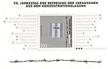A 1995 German stamp (worth 1 Deutschmark), printed on white paper. On top, the text in German reads "50th anniversary of the liberation of prisoners from the concentration camps". A stylised fragment of prisoner's clothes and some barbed wire appear in the post stamp area; the sheet containing it additionally includes names of concentration and extermination camps, including KL Warschau