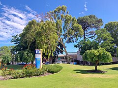 This is an image of a facade of the Mount Lawley campus with surrounding gardens.