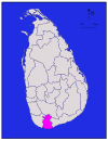 Area map of Matara District, roughly rectangular in shape and extending inwards from the southern coast, in the Southern Province of Sri Lanka