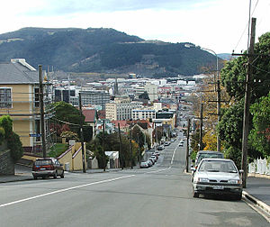 Looking down High Street towards the central city, with Signal Hill visible in the background