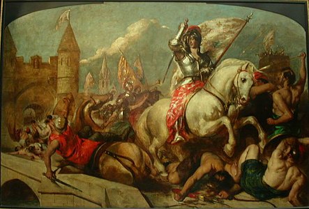 Middle painting: Joan of Arc makes a sortie from the gates of Orleans, and scatters the enemies of France