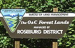 Sign indicating former land of the Oregon and California Railroad now belonging to the Bureau of Land Management near Roseburg, Oregon.