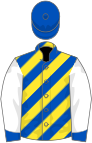 Yellow and royal blue diagonal stripes, white sleeves, royal blue cuffs, royal blue cap