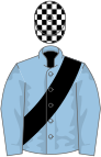 Light blue, black sash, black and white check cap