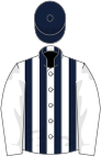 White and dark blue stripes, white sleeves, dark blue cap