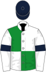 White and green (quartered), white sleeves, dark blue armlets and cap