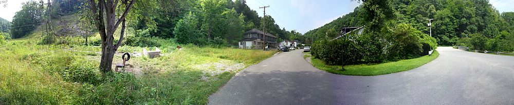 A panoramic view of a street intersection in Sarah Ann, 2014