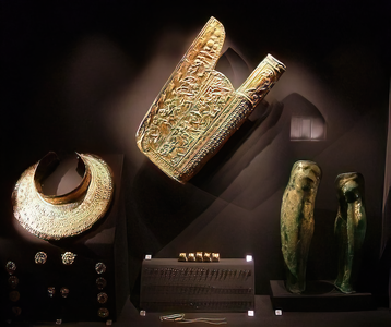 The gold gorytos (combination quiver and bow case), shin-guards and neck armor of Queen Meda of Odessos, Philip II's sixth wife