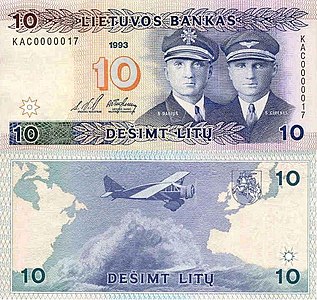 Darius (left) and Girėnas on a Lithuanian 10 litas banknote
