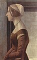 Portrait of a Woman, c. 1475, by Sandro Botticelli. A woman wearing a brown gamurra.