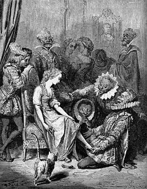 The fitting with the prince onlooking, illustration in Les Contes de Perrault by Gustave Doré, 1862