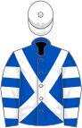Royal blue, white cross-belts, hooped sleeves, white cap