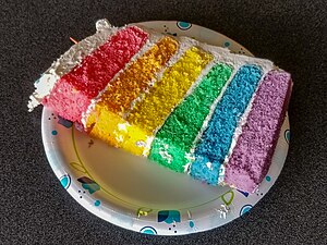 Slice of rainbow-colored layer cake
