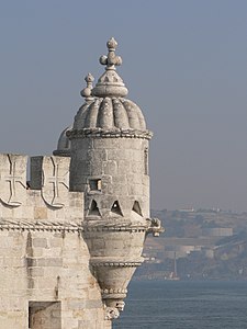 Bastion terrace on Belém Tower with its Moorish bartizan turrets and cupolas from the north-west, Lisboa, Portugal, by Francisco de Arruda, c.1514-1519
