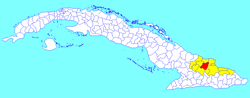 Báguanos municipality (red) within Holguín Province (yellow) and Cuba