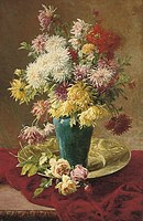 Henri Biva, Chrysanthemums and roses in a vase on a salver, oil on canvas, 122 x 77.8 cm