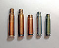 Modern service rifle cartridges cases: (left to right) 7.62×54mmR, 7.62×51mm NATO, 7.62×39mm M43, 5.56×45mm NATO, 5.45×39mm M74.