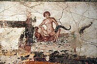 Fresco showing a cowgirl position. A ferret is on the knee of one of the figures. Suburban baths, Pompeii. 62 to 79 CE