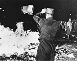 An officer of the Sturmabteilung burns confiscated books on 10 May, 1933.