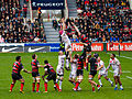 Image 21 Line-out Photograph: Pierre Selim A line-out at a rugby union match between Stade Toulousain and Lyon OU. When a player puts the ball out of the field of play, the opposing team is awarded a line-out; in the case of a penalty kick, the team that was awarded the penalty throws into the resulting line-out. A line-out is also awarded if a player in possession of the ball crosses or touches the touch-line while still in possession of the ball. More selected pictures