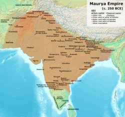 Maximum extent of the Maurya Empire, as shown by the location of Ashoka's inscriptions, and visualized by historians: Vincent Arthur Smith;[7] R. C. Majumdar;[8] and historical geographer Joseph E. Schwartzberg.[9]