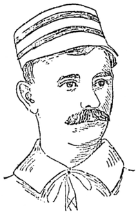 A black and white portrait illustration of a man with a mustache wearing a lace-up baseball jersey and striped cap