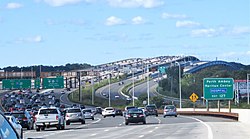 With 15 travel lanes and six shoulder lanes, Driscoll Bridge on the Garden State Parkway in Central Jersey is one of the world's widest and busiest motor vehicle bridges; the bridge crosses Raritan River near Raritan Bay.[1]