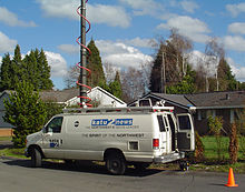 A white panel van with a microwave attachment on top and KATU logos on the side