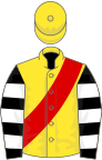 Yellow, red sash, black and white hooped sleeves, yellow cap