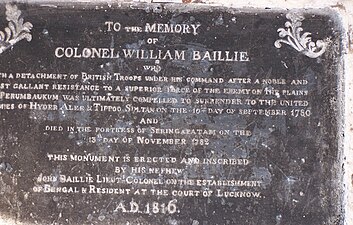 Plaque of the William Baillie Memorial, Seringapatam