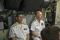 180510-N-MZ309-341 SALAMIS NAVAL BASE (May 10, 2018) Adm. James G. Foggo III, commander, U.S. Naval Forces Europe-Africa and commander, Allied Joint Force Command Naples, Italy, and Vice Adm. Ioannis Pavlopoulos, commander in chief of the Hellenic Fleet Command, receive a brief aboard Hellenic Navy submarine HS Matrozos (S 122) at a Salamis Naval Base in Greece, May 10, 2018. U.S. Naval Forces Europe-Africa, headquartered in Naples, oversees joint and naval operations, often in concert with allied and interagency partners, to enable enduring relationships and increase vigilance and resilience in Europe and Africa. (U.S. Navy photo by Mass Communication Specialist 1st Class Ryan Riley/Released)