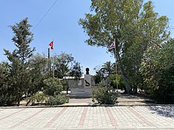 A bust of Mustafa Kemal Atatürk in the central square of Beyköy, 2020.