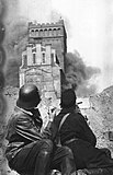 The PAST building burning during the Warsaw Uprising