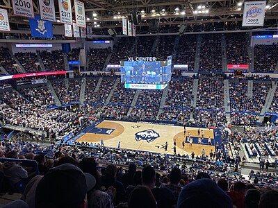 A panoramic shot of a sold-out basketball arena