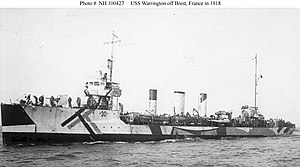 USS Warrington (DD-30) off Brest, France in 1918, while painted in pattern camouflage.