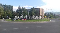 Double-lane Raindrop Fountain Roundabout in Zenica, Bosnia and Herzegovina, where roundabouts replaced all traffic lights since 2011.