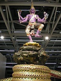Statue of Narayana in Thai art style stands on Mount Mandara within Suvarnabhumi Airport, Samut Prakan, Thailand