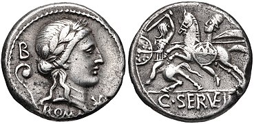 Denarius of Gaius Servilius Vatia, 82-80 BC. Apollo is depicted on the obverse with a lituus behind, while the reverse reuses that of his possible father, the moneyer of 127 (whose coin is pictured above).[12]