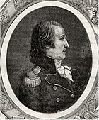 Black and white print shows a clean-shaven man with long hair wearing a military uniform with epaulettes.