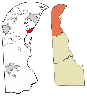 Location of New Castle in New Castle County, Delaware (left) and of New Castle County in Delaware (right)