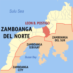 Map of Zamboanga del Norte with Leon B. Postigo highlighted